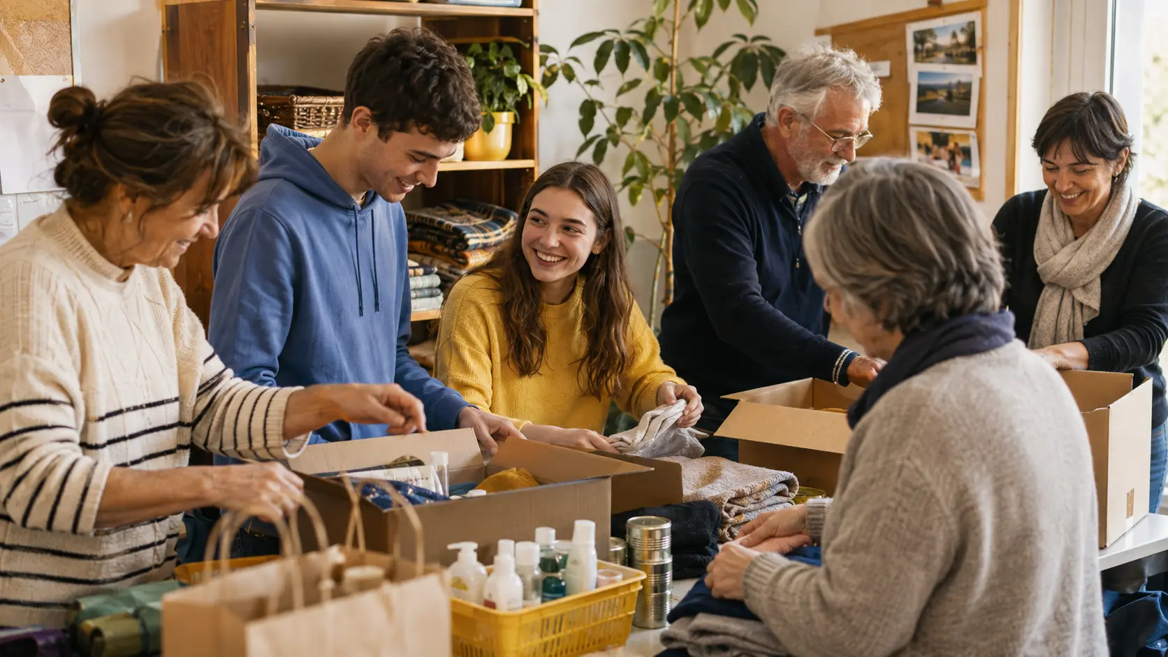 Bénévoles de plusieurs générations préparant une action solidaire