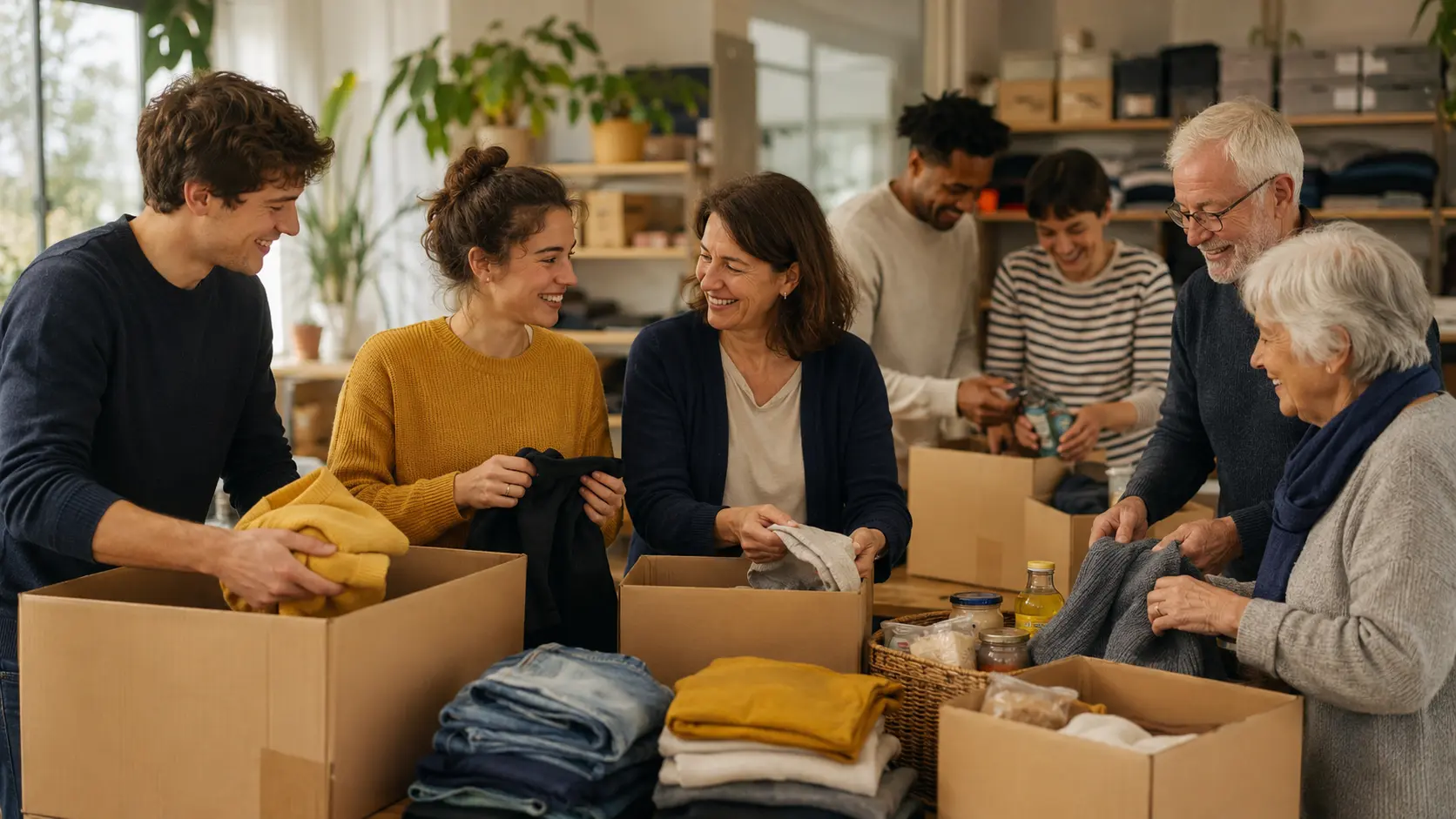 Bénévoles de plusieurs générations préparant ensemble une action solidaire