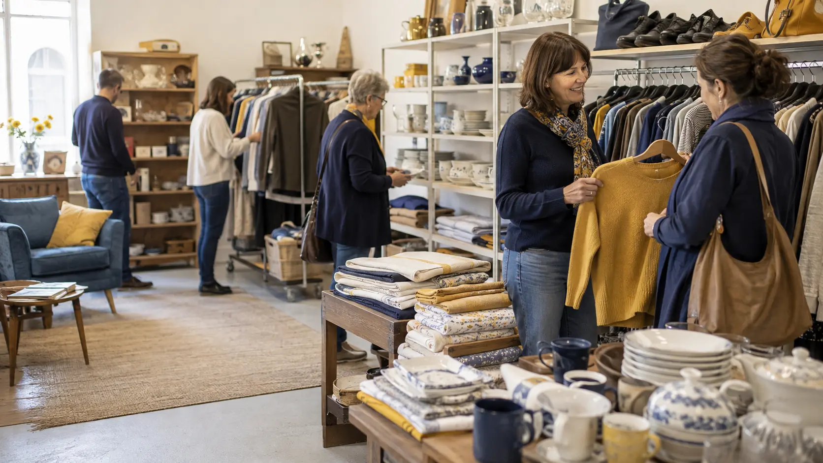 Visiteurs et bénévoles dans la boutique solidaire de La Vallée du Cœur