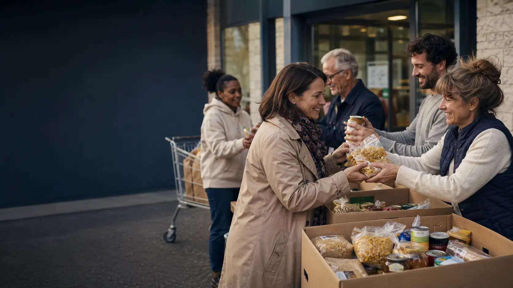 Bénévoles et donateurs participant à une collecte alimentaire solidaire