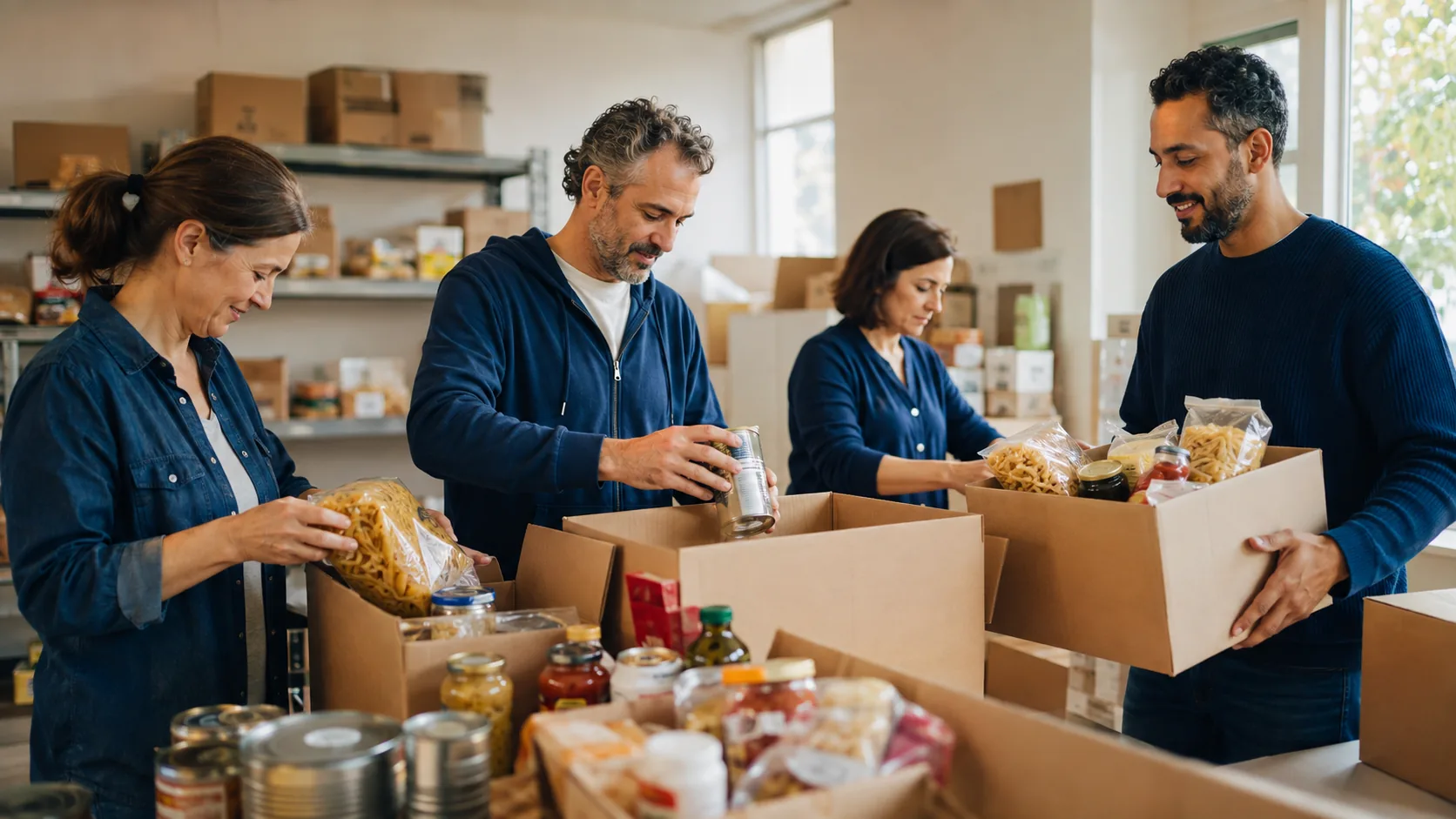 Bénévoles préparant des colis alimentaires à La Vallée du Cœur