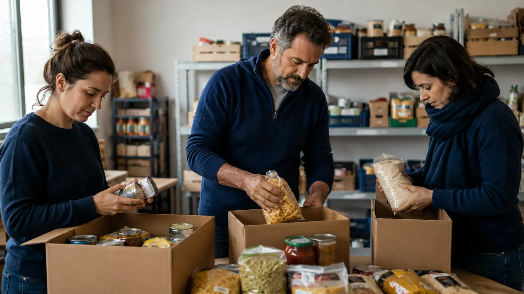 Bénévoles vérifiant et triant des produits alimentaires avant leur rangement