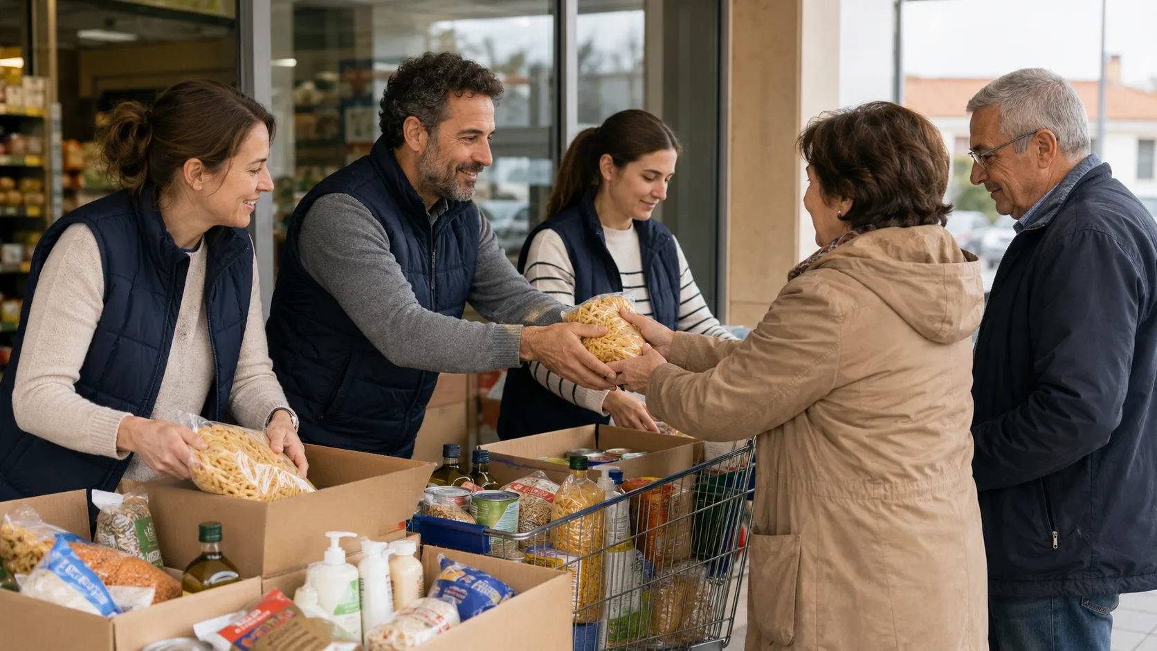 Bénévoles recueillant des dons alimentaires à l’entrée d’un commerce