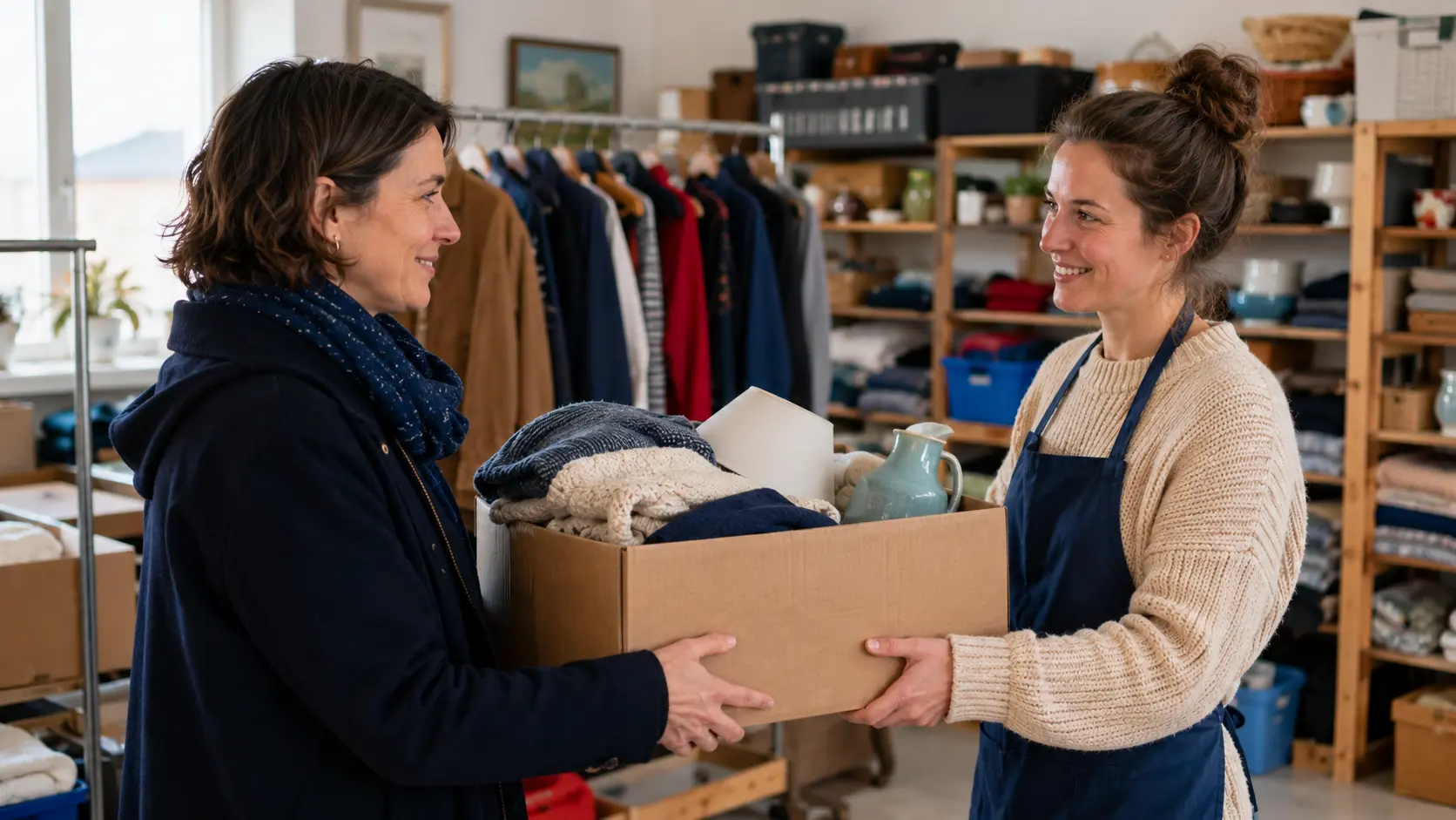 Remise d’un carton de vêtements à une bénévole de La Vallée du Cœur